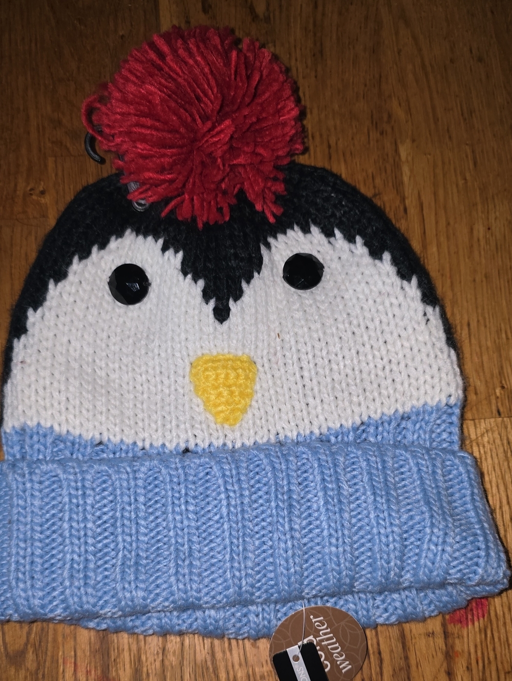 new directions Kids Penguin Pom Beanie - Light Blue, White, Black & Red